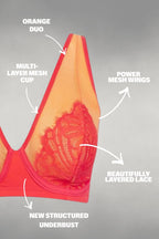 A ghost image of a fuller cup orange and coral bralette with the product details on it 