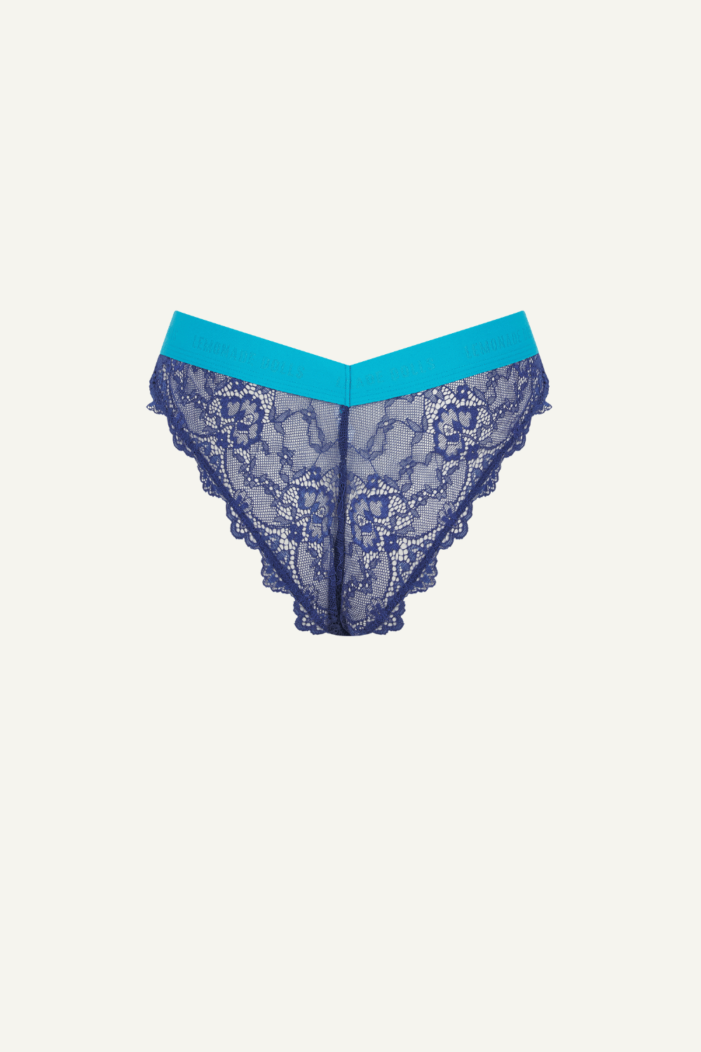 A ghost image of the back of a navy blue lace brazilian 