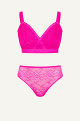 NEON - Signature Lace High Support Bralette & High Waisted Brief Set - Neon Pink