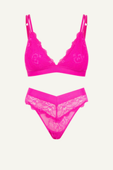 Signature Lace Bralette & V Brazilian Set - Neon Pink