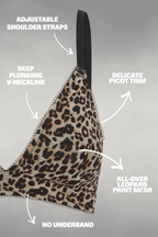 A ghost image of a leopard print mesh bralette with the product details on it 