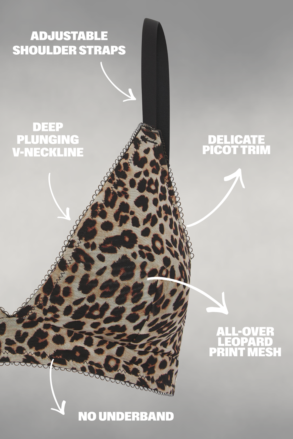 A ghost image of a leopard print mesh bralette with the product details on it 
