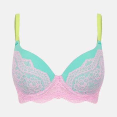 A women's wireless bra with a mint green and light pink color-blocked design, featuring intricate white lace detailing on the cups and neon yellow-green shoulder straps, shown against a plain light gray background.