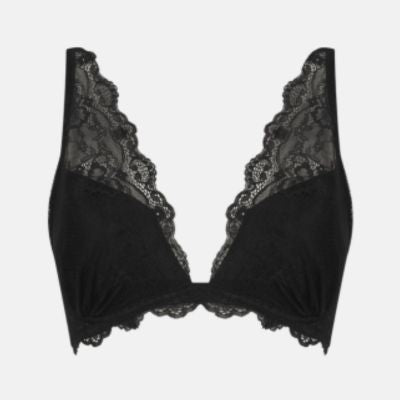 Black lace bralette with sheer floral lace cups and scalloped edges, shown against a plain light gray background.