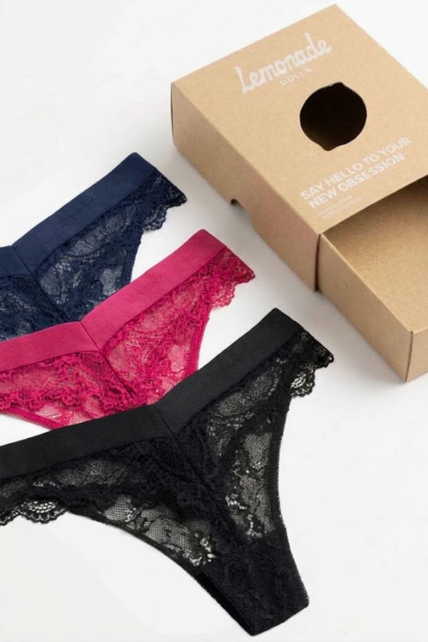 Black, Pink, Navy Lace Brazilian 3 Pack