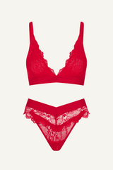 Signature Lace Bralette & V Brazilian Set - Red