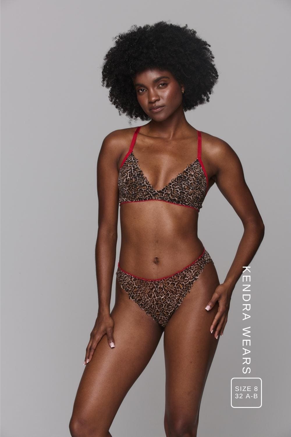 A woman modelling a leopard print lace lingerie set ^Kendra | Size: 32 A-B