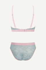 Signature Lace Bralette & Brief Set - Denim Blue and Pink