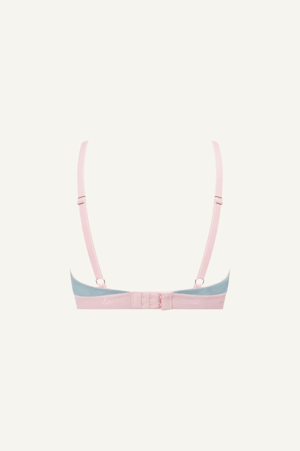 A ghost image of the back of a light blue lace bralette with light pink straps 
