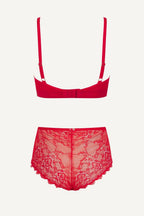 Red lace lingerie set on a white background