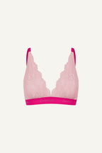 A ghost image of the front of a two tone pink lace bralette 