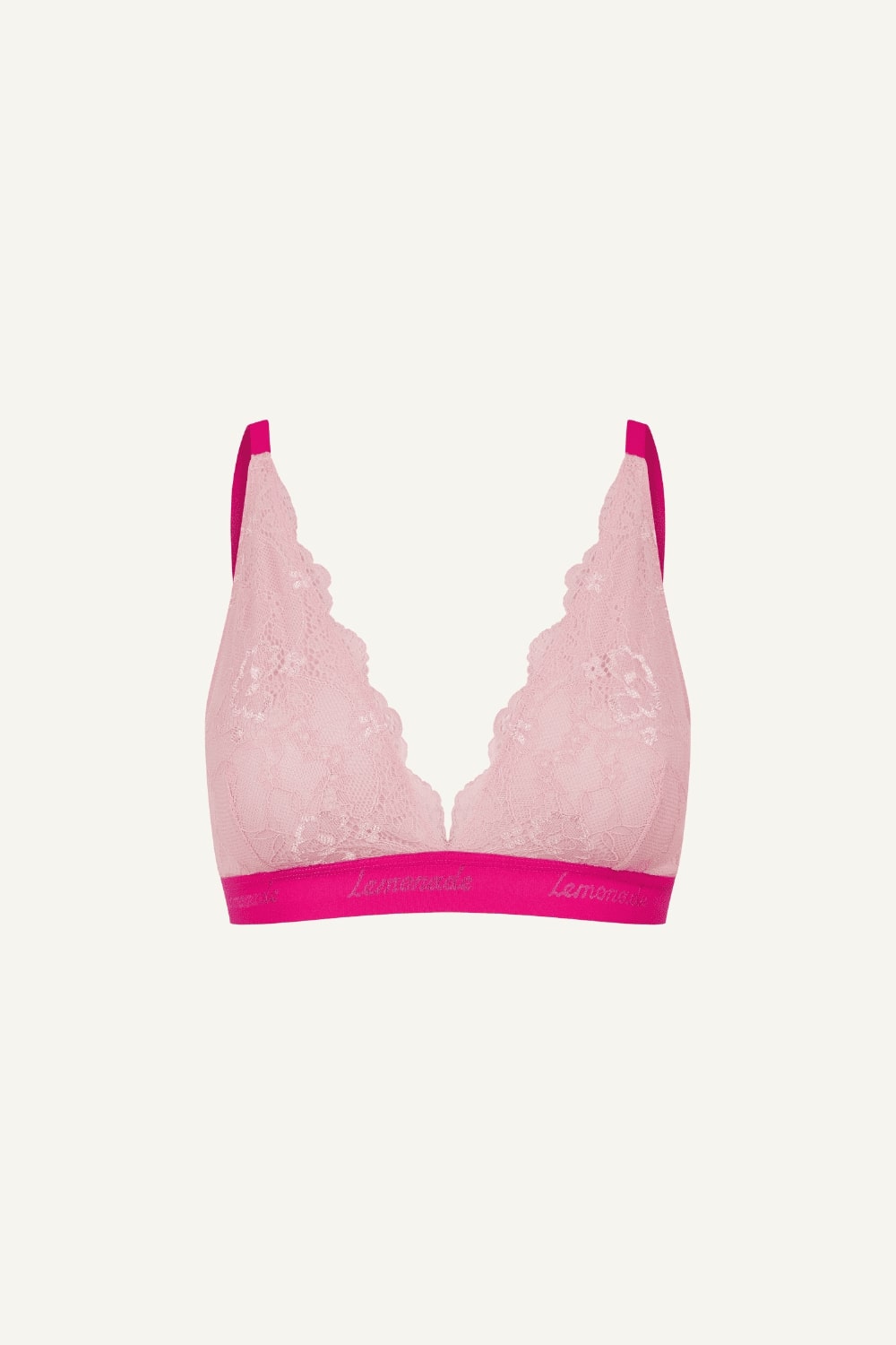 A ghost image of the front of a two tone pink lace bralette 