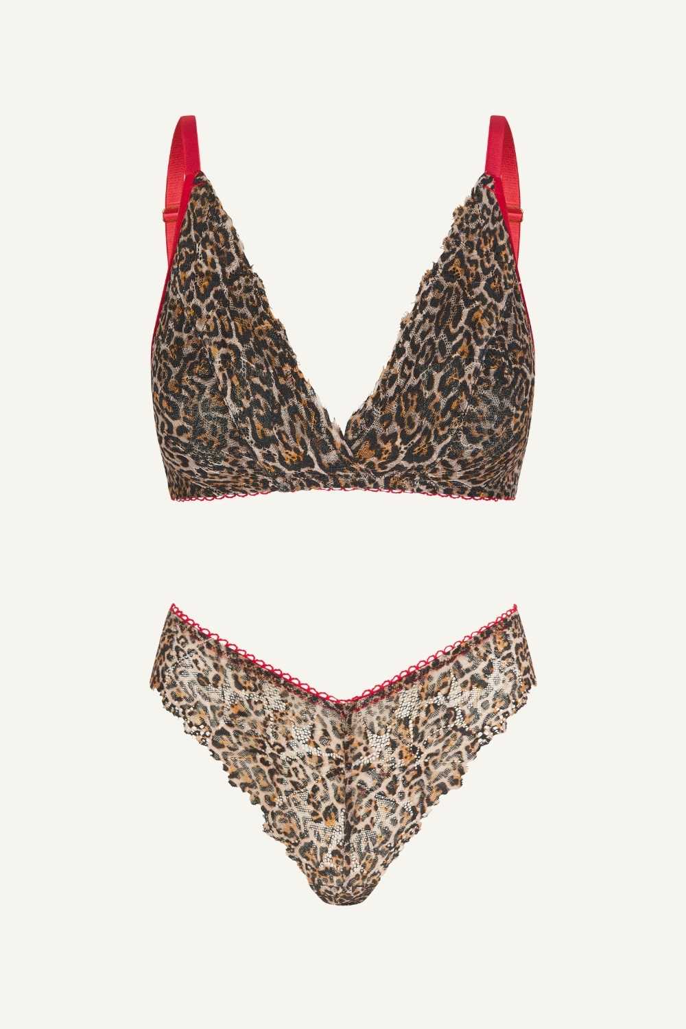 A ghost image of the front of a leopard print mesh lingerie set 