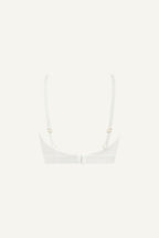 A ghost image of the back of a white lace bralette 