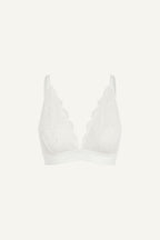 A ghost image of the front of a white lace bralette 