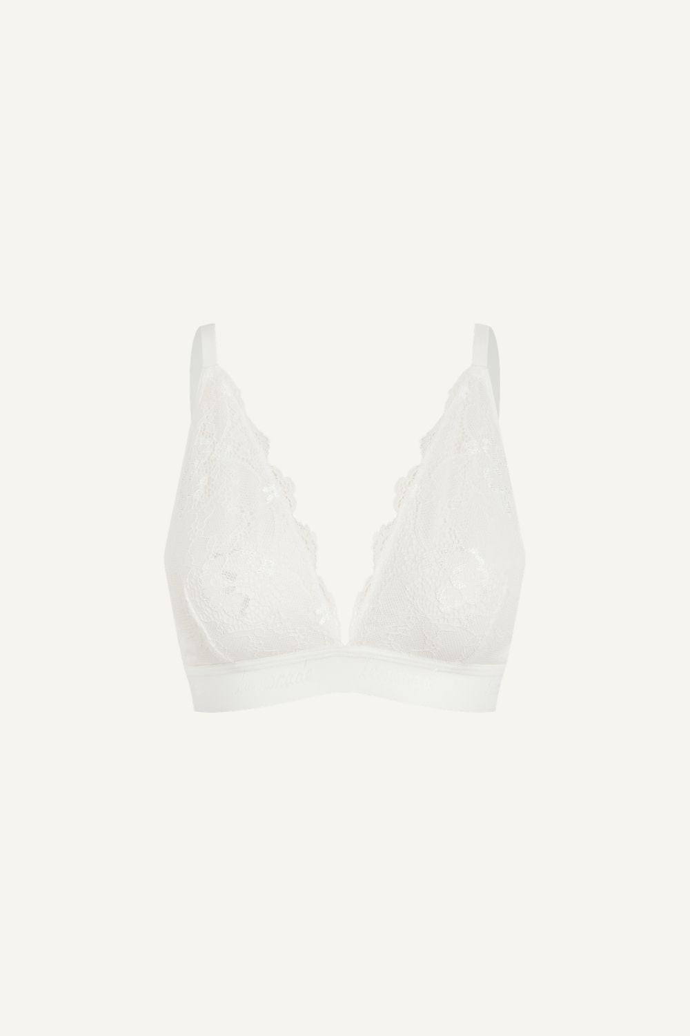 A ghost image of the front of a white lace bralette 