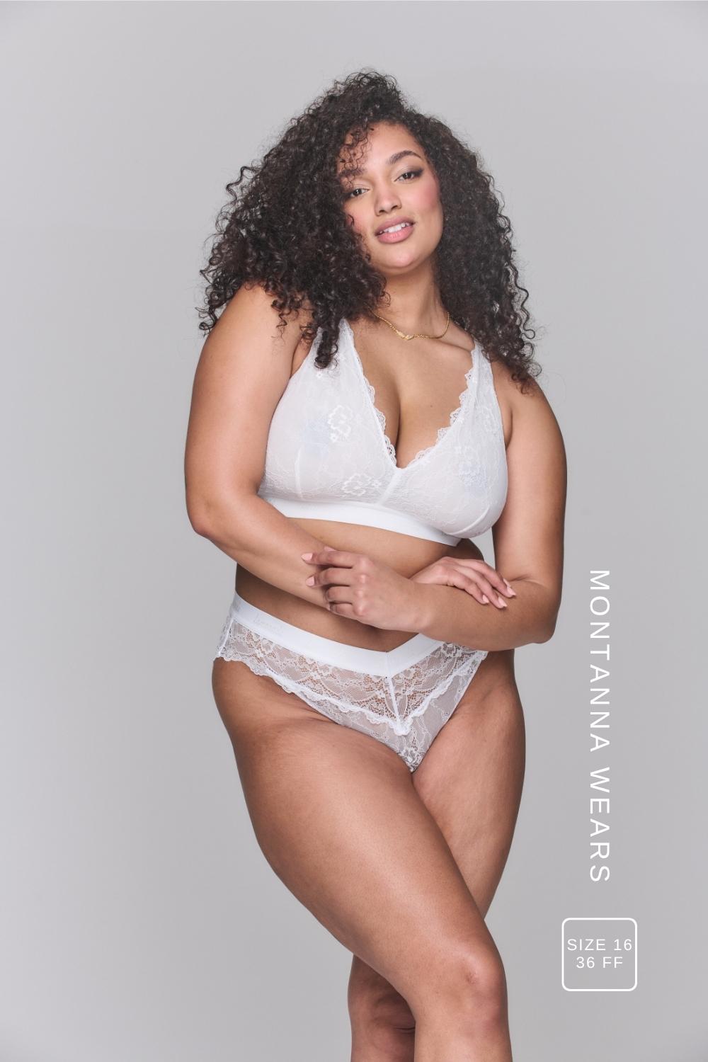 A woman wearing a white lace fuller cup bralette paired with a matching white brazilian ^Montanna | Size: 36 FF / 16