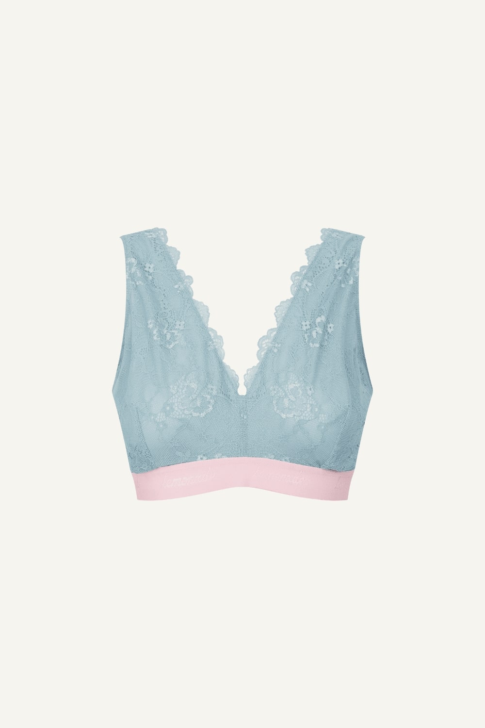 A ghost image of the front of a light blue fuller cup lace bralette with a light pink band 