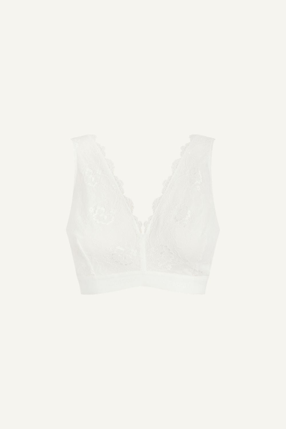 A ghost image of the front of a white lace fuller cup bralette 
