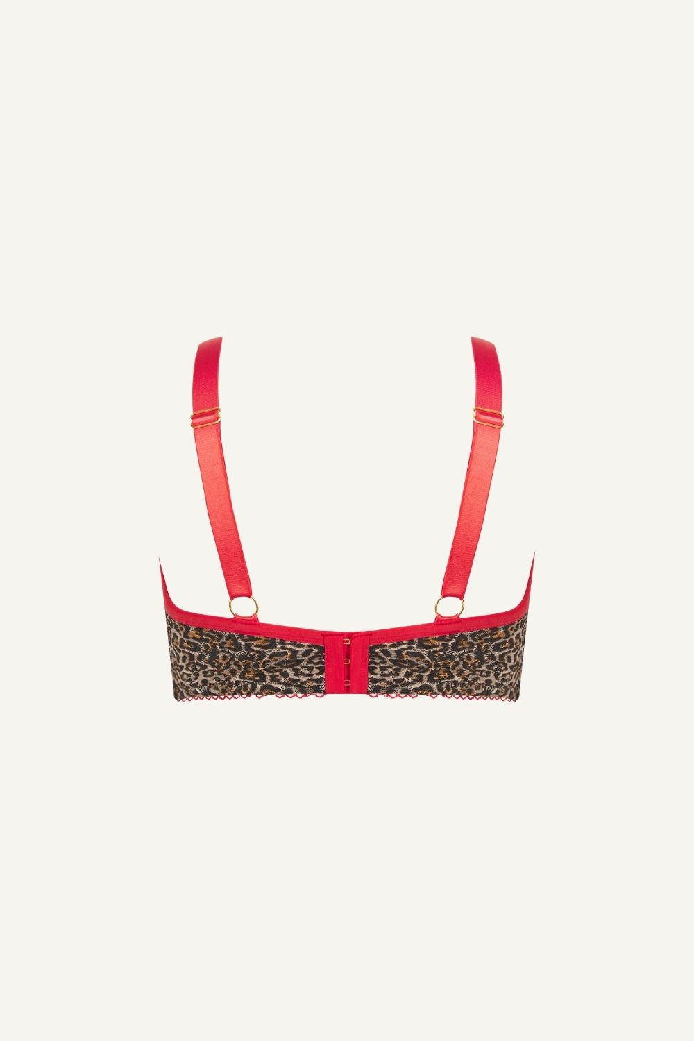 a ghost image of a leopard print lace fuller cup bralette with red straps 