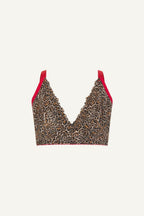 a ghost image of a leopard print lace fuller cup bralette with red straps 