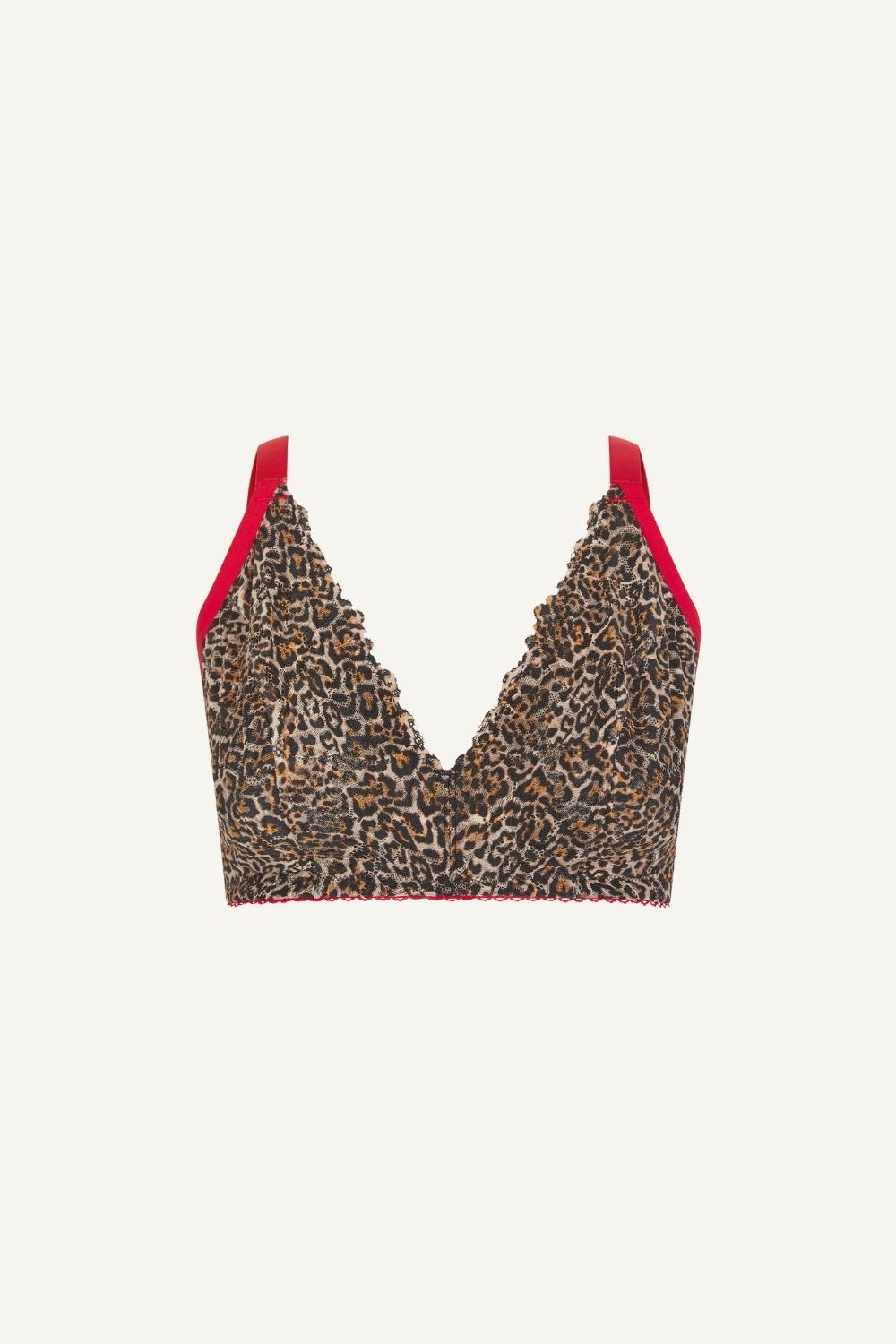 a ghost image of a leopard print lace fuller cup bralette with red straps 