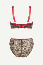A ghost image of the back of a leopard print mesh lingerie set including a fuller cup bralette and a brief 