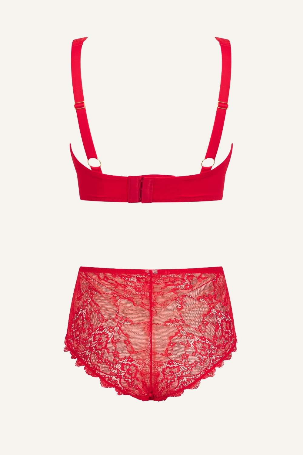 Red lace lingerie set with suspenders on a white background