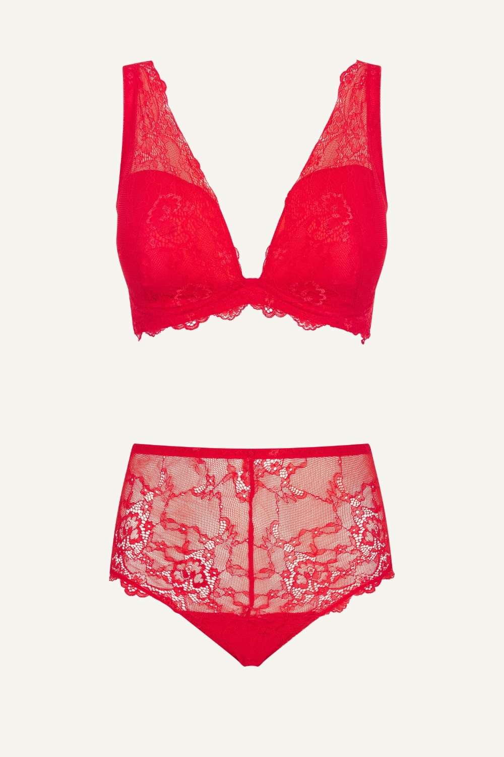 Red lace lingerie set on a white background