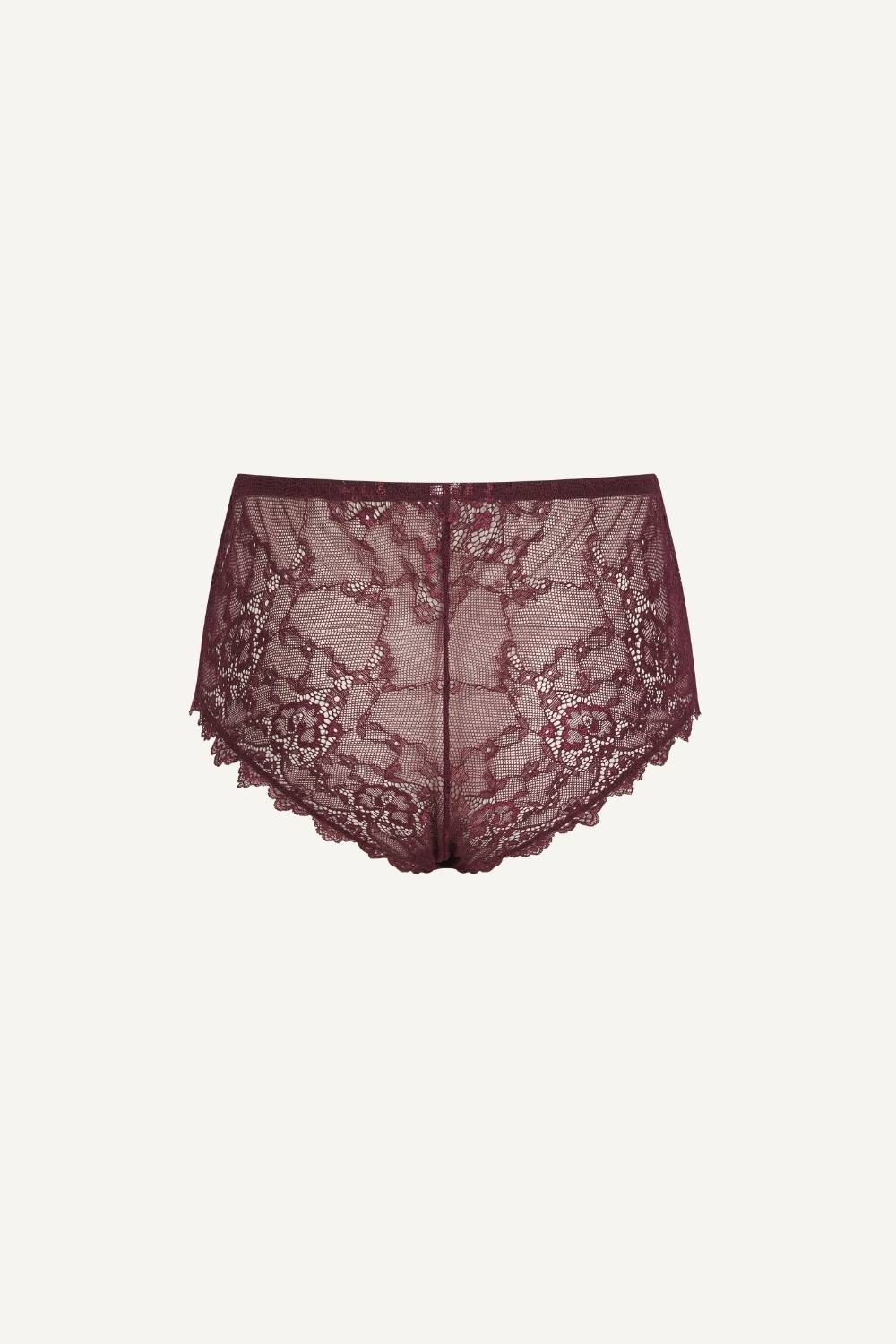 A ghost image of the back of a lace short in the colour "Wine"