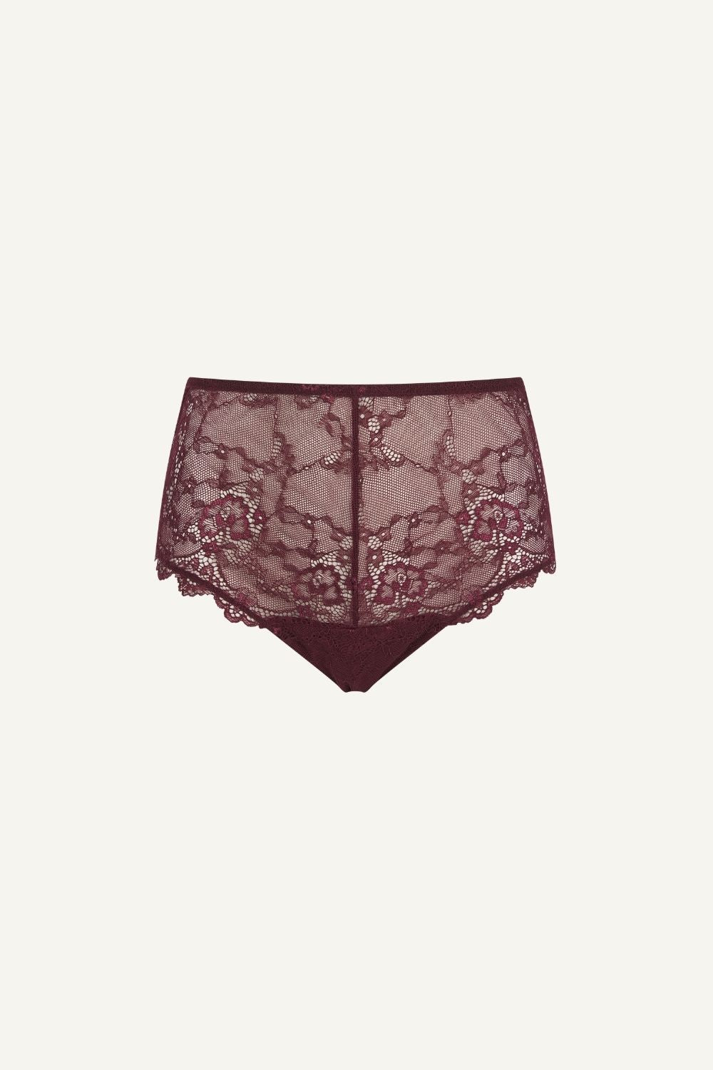 A ghost image of the front of a lace short in the colour "Wine"