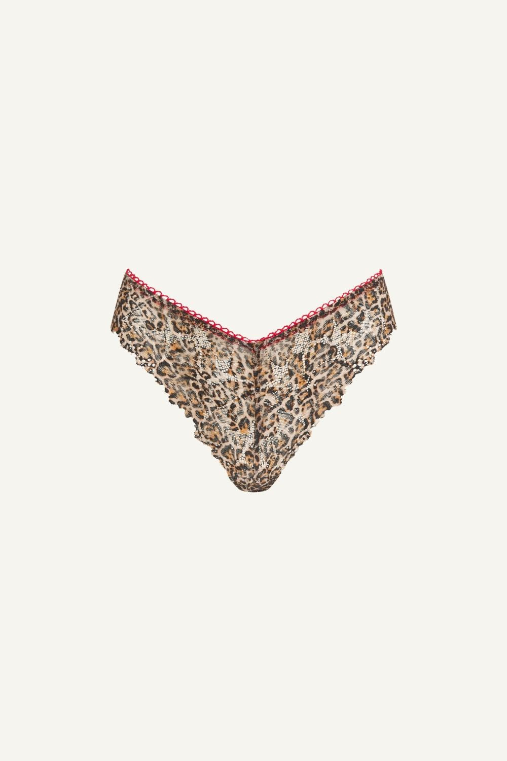 A ghost image of the front of a leopard print lace v brazilian 