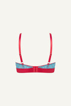 A ghost image of the back of a blue check print mesh bralette 