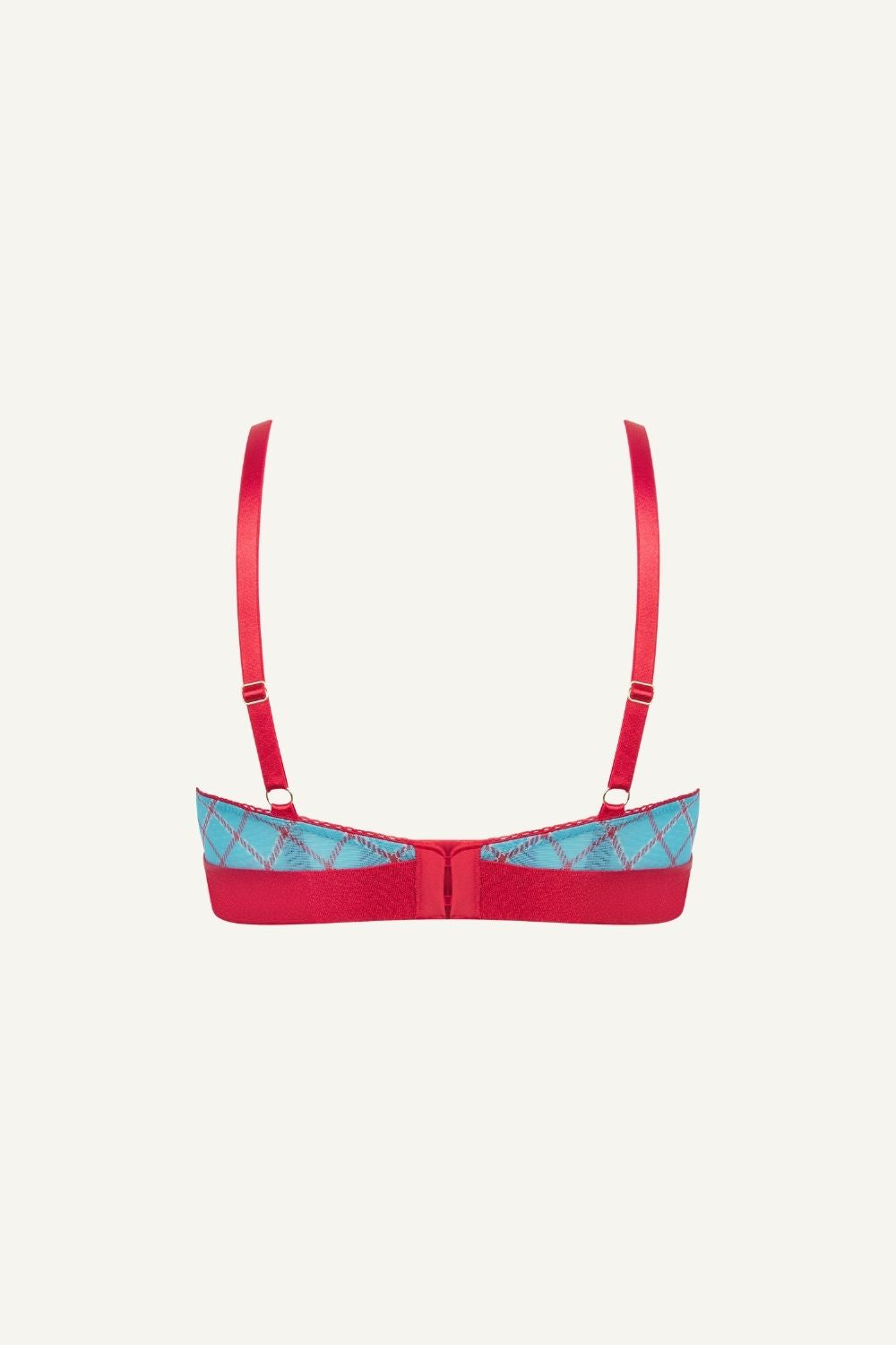 A ghost image of the back of a blue check print mesh bralette 