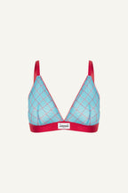 A ghost image of a blue check print mesh bralette called So Soft
