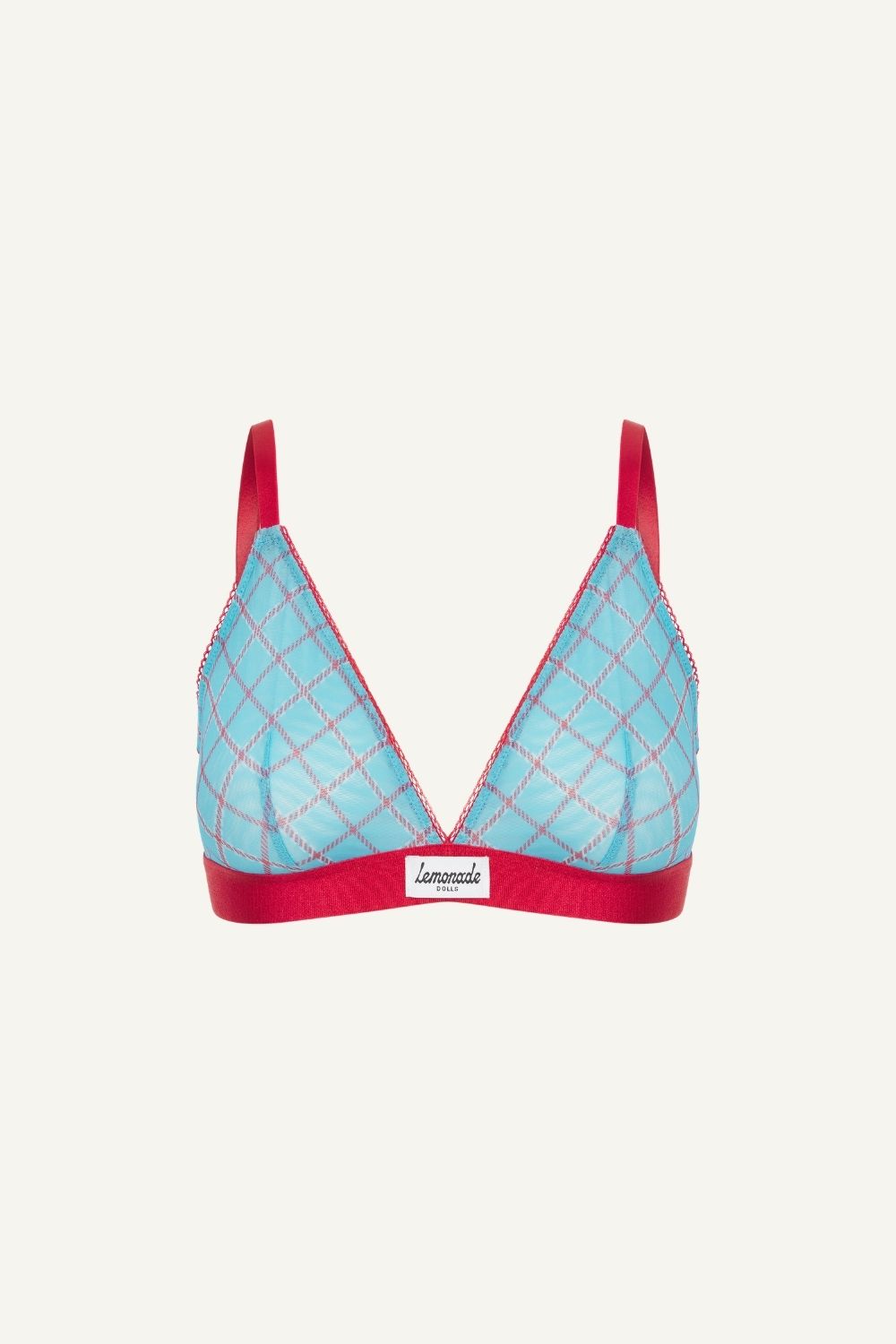 A ghost image of a blue check print mesh bralette called So Soft