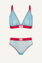 So Soft Mesh Printed Check Bralette & Brief Set - Blue