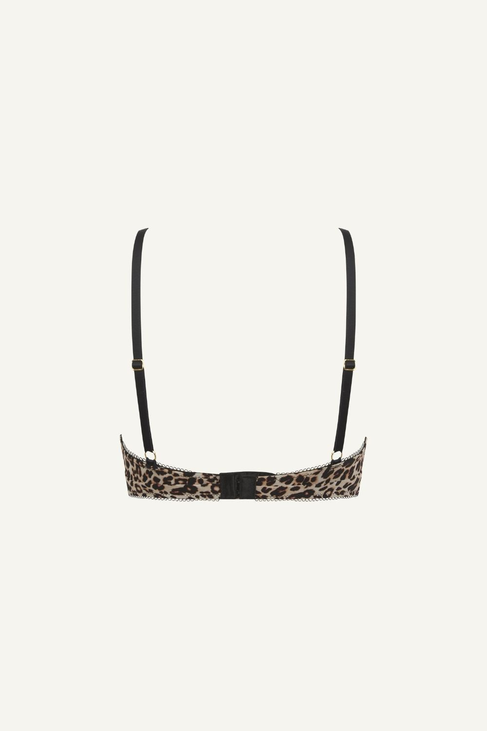 A ghost image of the back of a leopard print mesh bralette with black straps 
