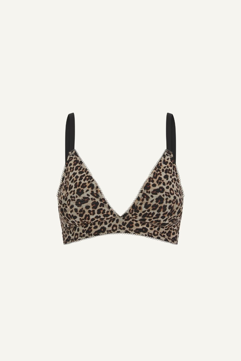 A ghost image of the front of a leopard print mesh bralette with black straps 