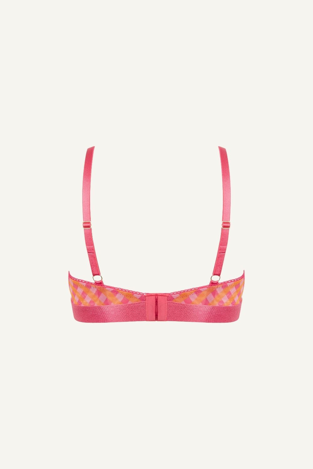 A ghost image of the back of a soft mesh check print bralette 