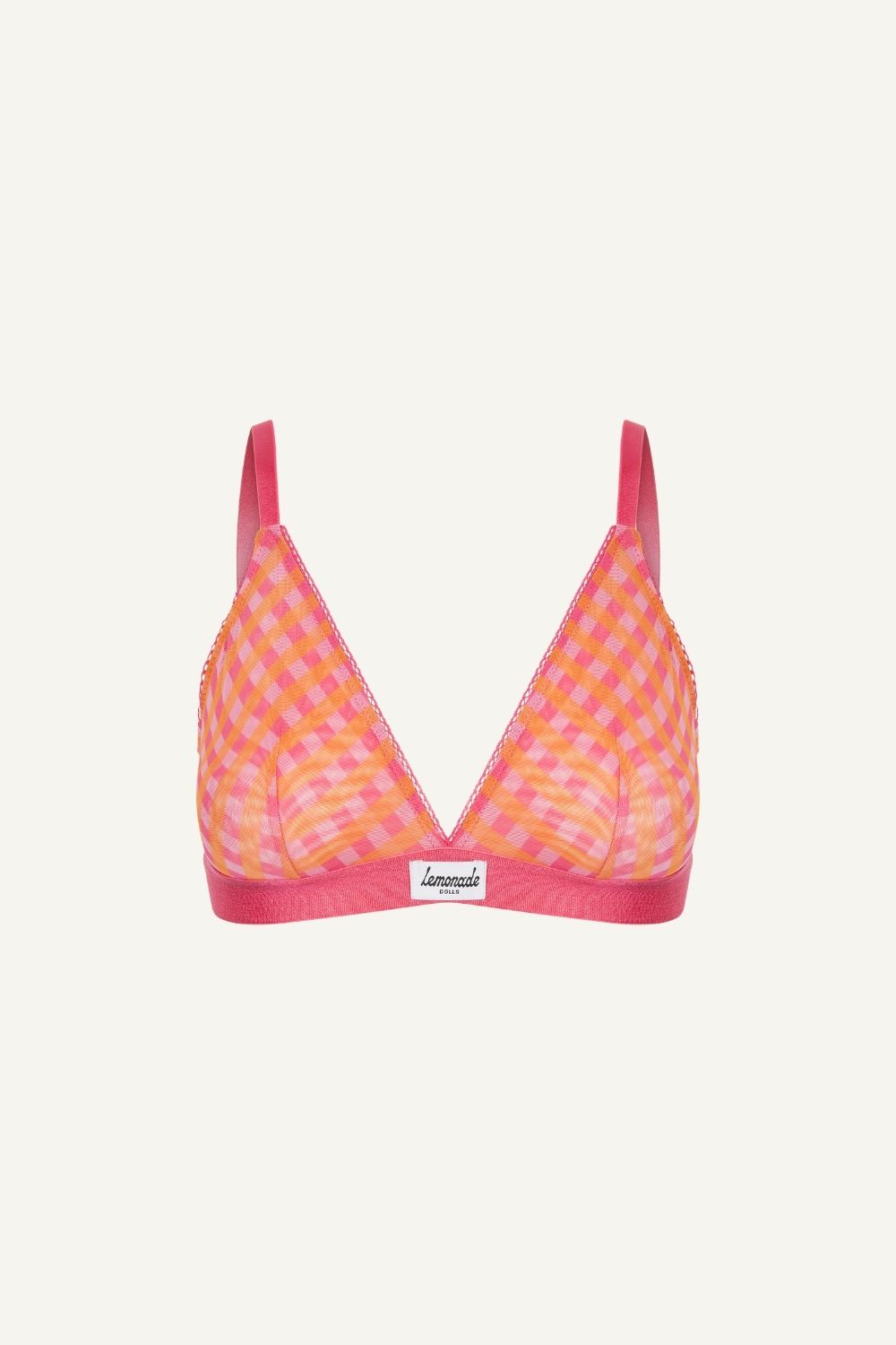 A ghost image of the front of a soft mesh check print bralette