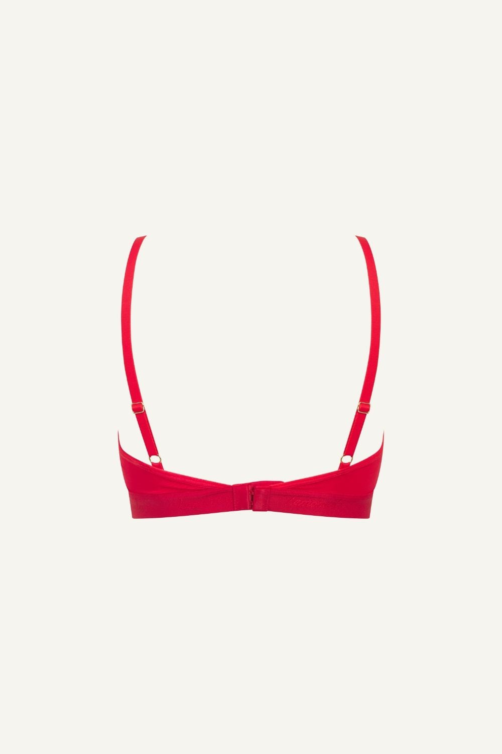 A ghost image of the back of a red mesh bralette 