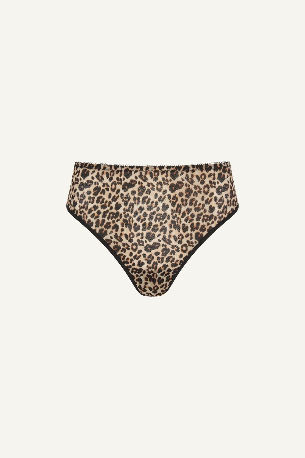 A ghost image of the front of a leopard print mesh brief 