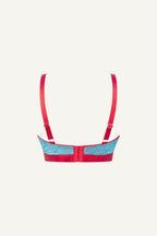 A ghost image of a blue check print mesh fuller cup bralette 