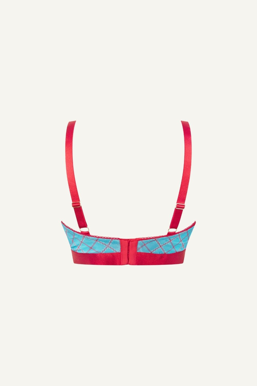 A ghost image of a blue check print mesh fuller cup bralette 