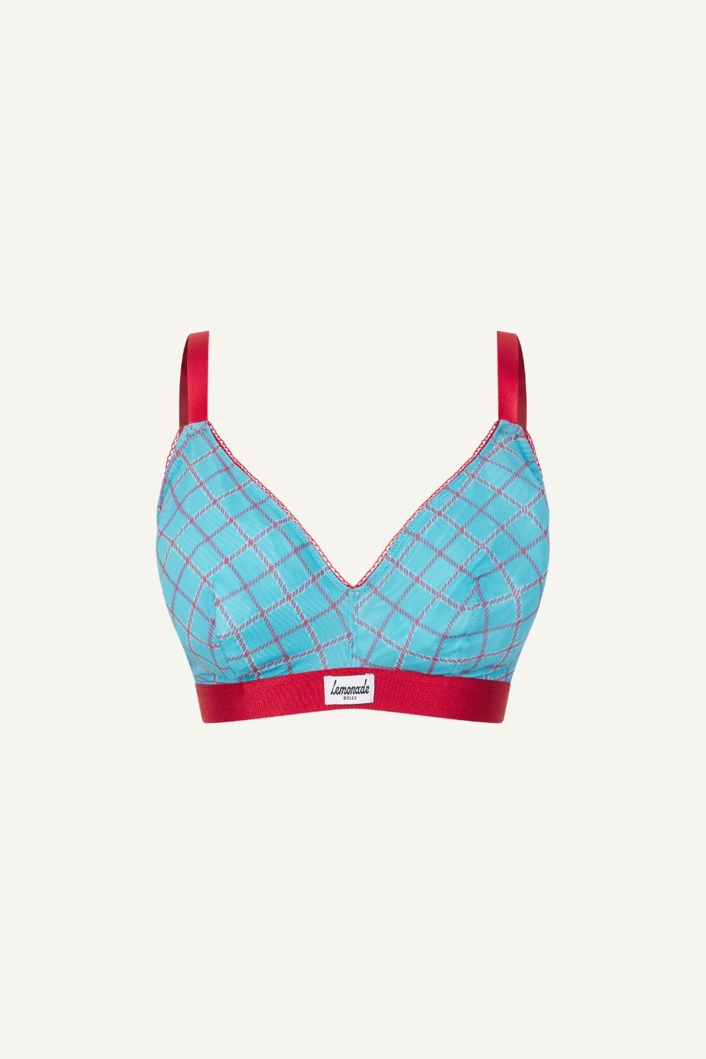 A ghost image of the front of a blue check print mesh fuller cup bralette 
