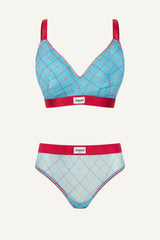 So Soft Mesh Printed Check Fuller Cup & Brief Set - Blue