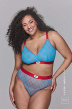 A woman modelling a blue check print mesh fuller cup bralette paired with a matching brief 