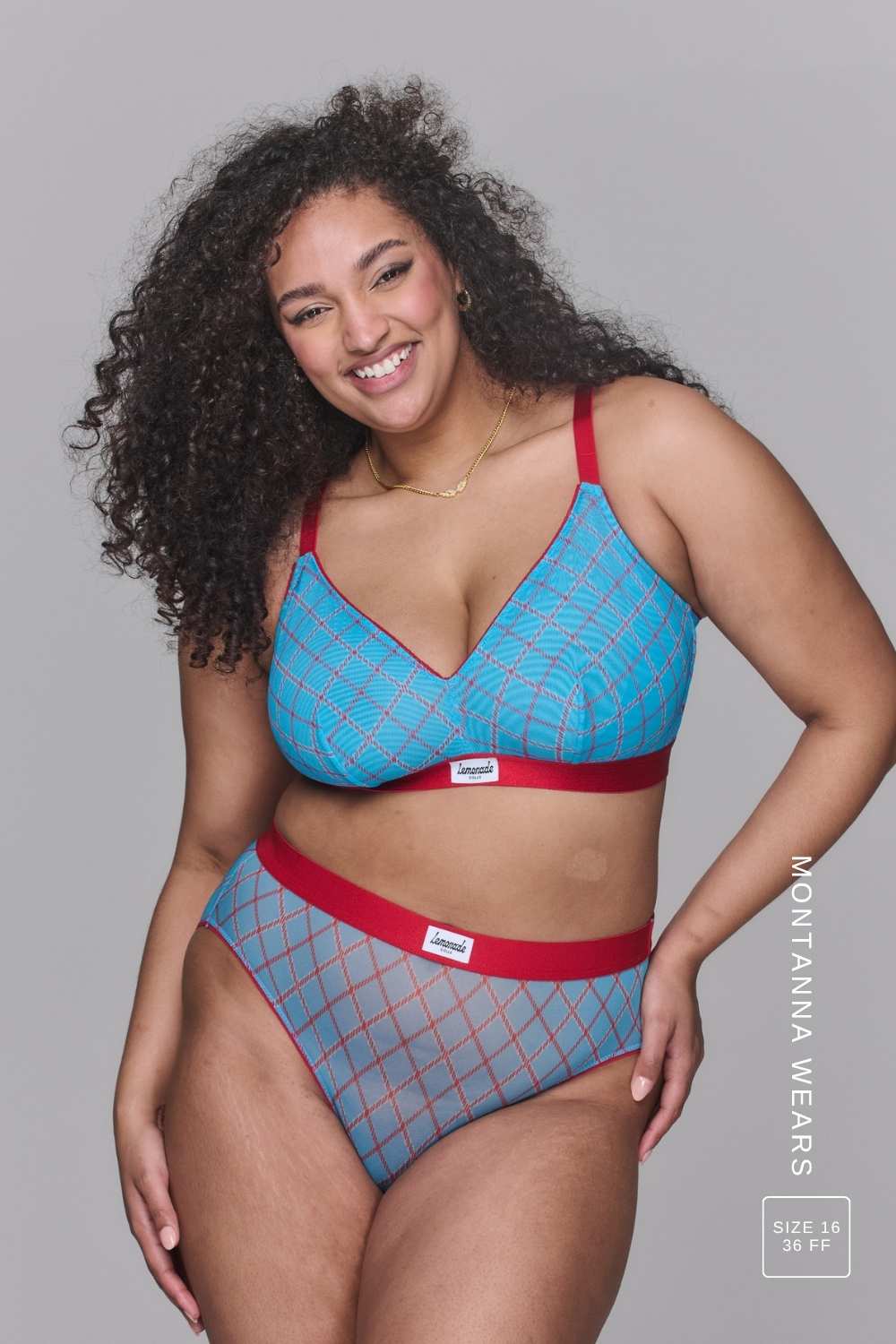 A woman modelling a blue check print mesh fuller cup bralette paired with a matching brief 