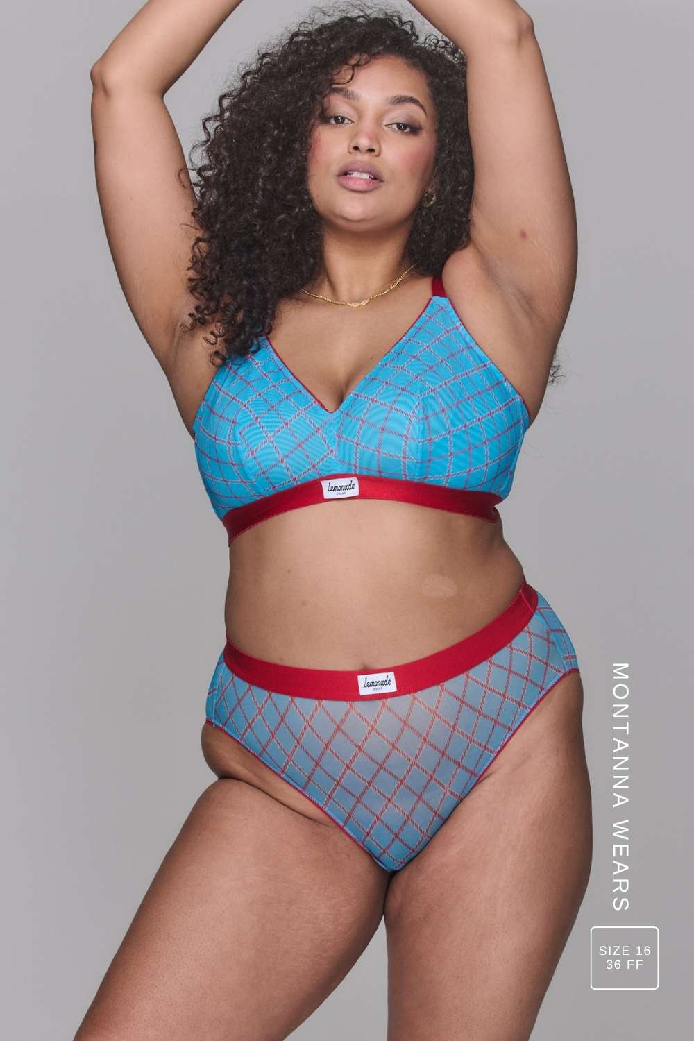 A woman modelling a blue check print mesh fuller cup bralette paired with a matching brief 